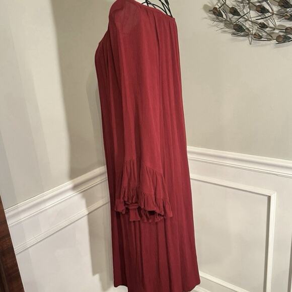 Uncle Frank Ivy Jane Red Rayon Crinkle Dress Size L Ruffle Bell Sleeve Peasant - Picture 6 of 10